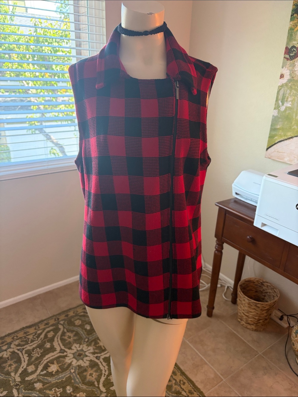 Chaps Red and Black Plaid Sleeveless Zip Vest